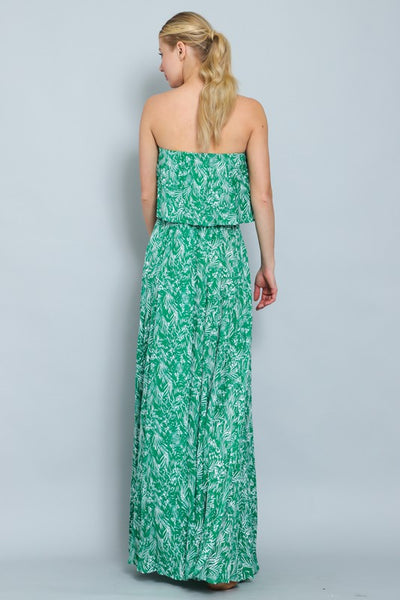 Strapless Palm Print Maxi Dress