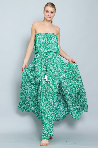 Strapless Palm Print Maxi Dress