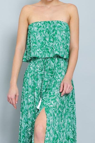 Strapless Palm Print Maxi Dress