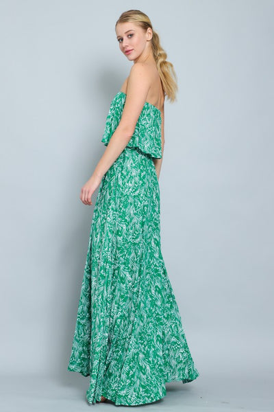 Strapless Palm Print Maxi Dress