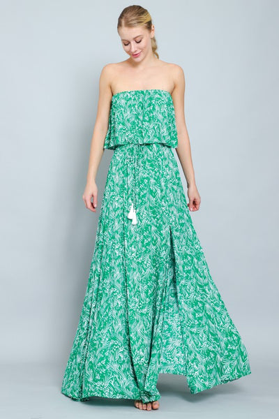 Strapless Palm Print Maxi Dress
