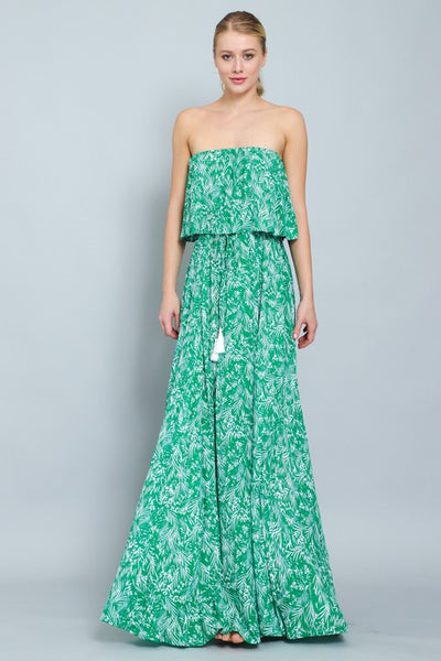 Strapless Palm Print Maxi Dress