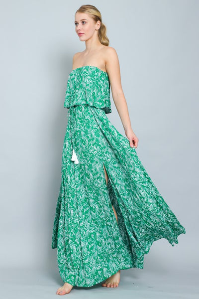 Strapless Palm Print Maxi Dress