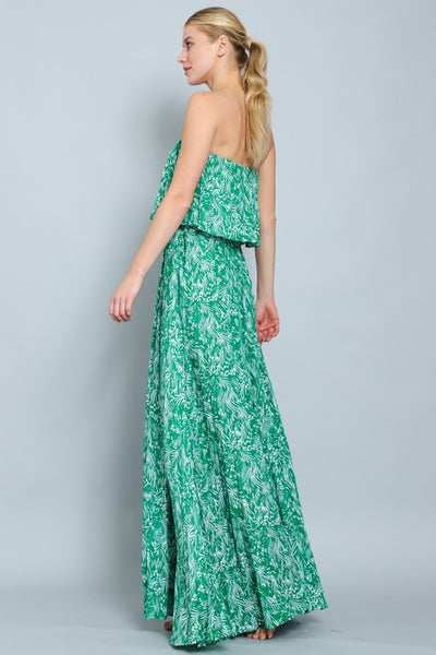 Strapless Palm Print Maxi Dress