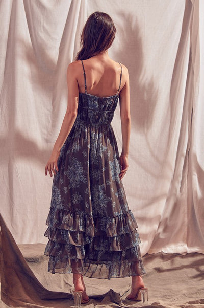 BROWN BLUE FLORAL MAXI DRESS