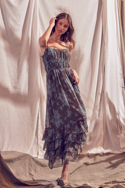 BROWN BLUE FLORAL MAXI DRESS