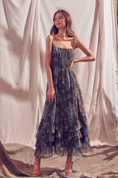 BROWN BLUE FLORAL MAXI DRESS