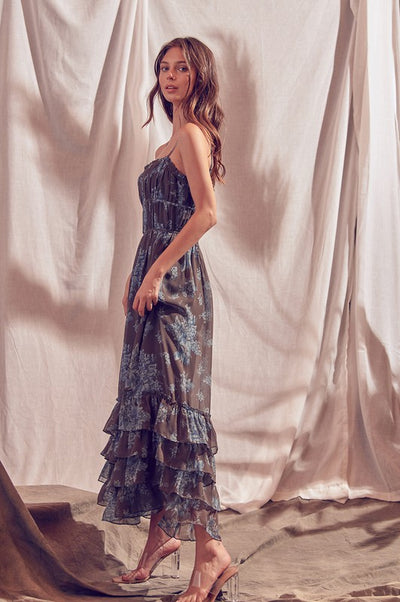 BROWN BLUE FLORAL MAXI DRESS