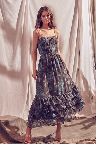 BROWN BLUE FLORAL MAXI DRESS