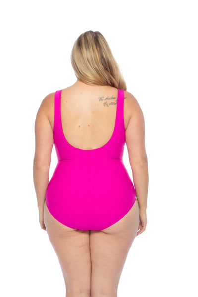 PLUS SOLID V NECK ONE PIECE WITH CENTER SHIRRING