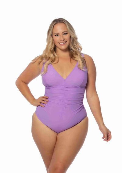 PLUS SOLID V NECK ONE PIECE WITH CENTER SHIRRING