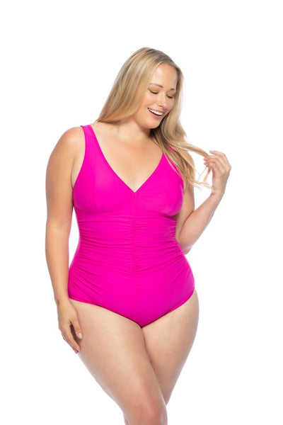 PLUS SOLID V NECK ONE PIECE WITH CENTER SHIRRING