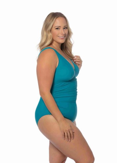 PLUS SOLID V NECK ONE PIECE WITH CENTER SHIRRING