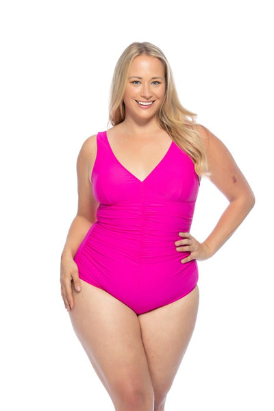 PLUS SOLID V NECK ONE PIECE WITH CENTER SHIRRING