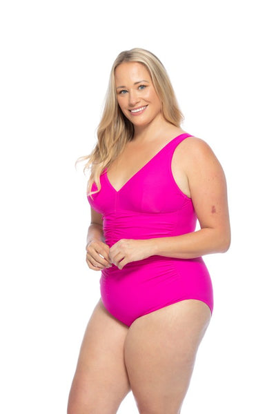 PLUS SOLID V NECK ONE PIECE WITH CENTER SHIRRING