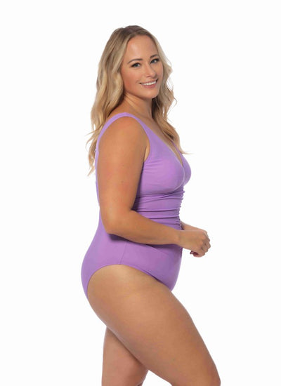 PLUS SOLID V NECK ONE PIECE WITH CENTER SHIRRING