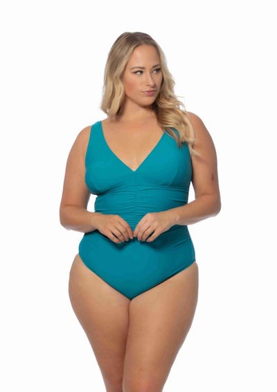 PLUS SOLID V NECK ONE PIECE WITH CENTER SHIRRING