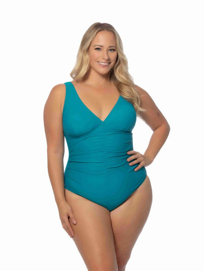 PLUS SOLID V NECK ONE PIECE WITH CENTER SHIRRING