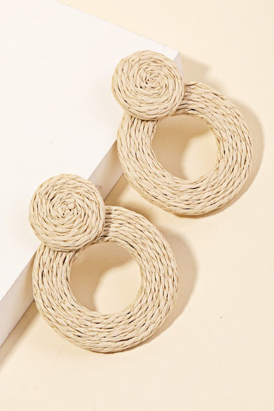 Straw Braided Circle Drop Earrings