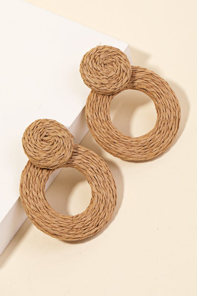 Straw Braided Circle Drop Earrings