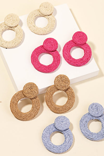 Straw Braided Circle Drop Earrings