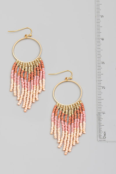 Circle Cutout Seed Beaded Fringe Drop Earrings