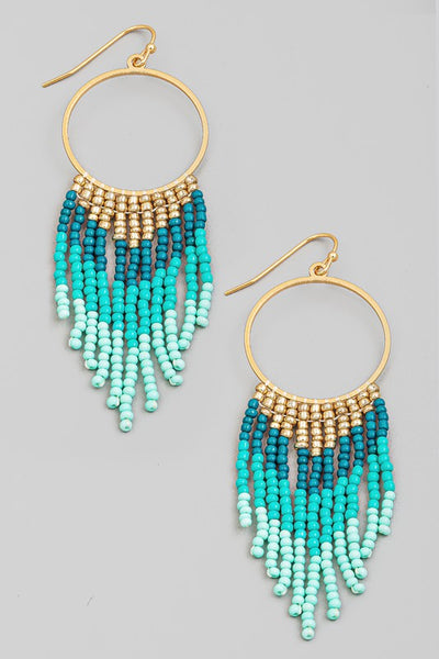 Circle Cutout Seed Beaded Fringe Drop Earrings
