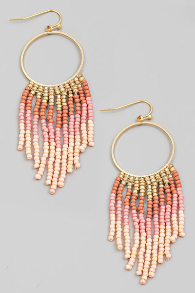 Circle Cutout Seed Beaded Fringe Drop Earrings