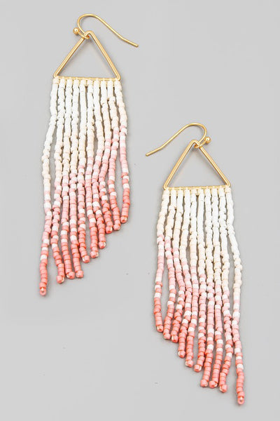 Triangle Cutout Seed Beaded Fringe Drop Earrings