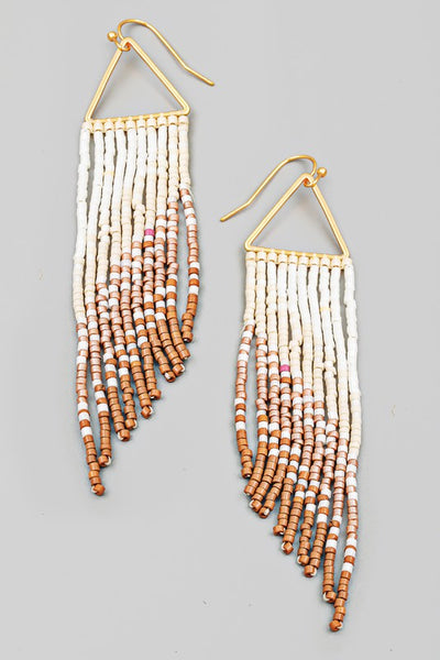 Triangle Cutout Seed Beaded Fringe Drop Earrings