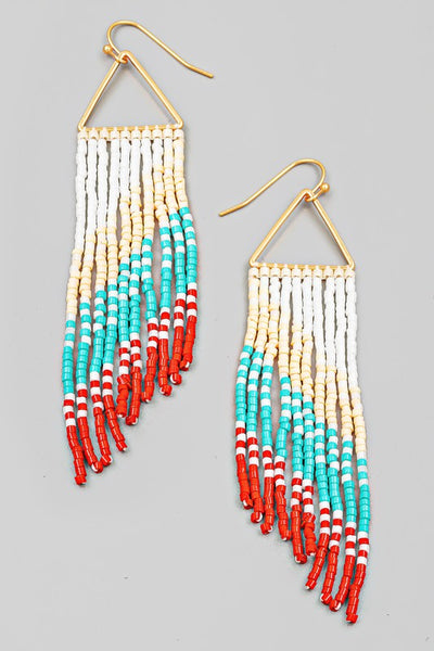 Triangle Cutout Seed Beaded Fringe Drop Earrings