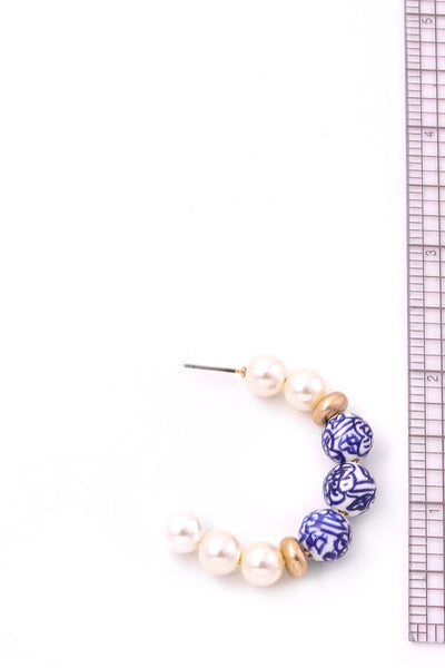 C Hoop Pearl & Blue Bead Earrings