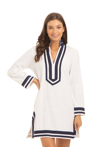 WHITE/NAVY TRIM TERRY TUNIC