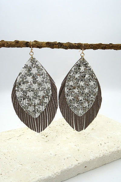 DOUBLE FAUX LEATHER FEATHER EARRINGS