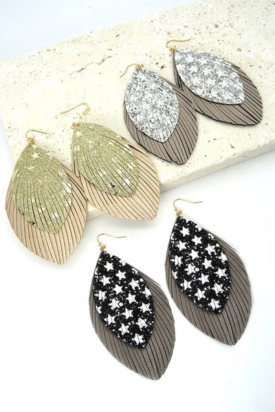 DOUBLE FAUX LEATHER FEATHER EARRINGS