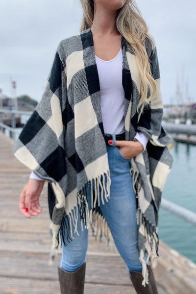 Buffalo Plaid Kimono Ruana Cardigan With Tassel