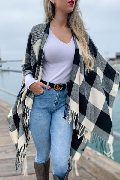 Buffalo Plaid Kimono Ruana Cardigan With Tassel