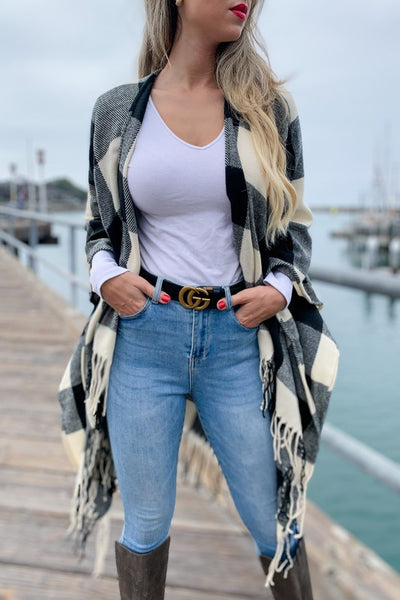 Buffalo Plaid Kimono Ruana Cardigan With Tassel