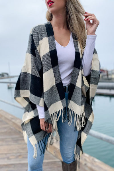 Buffalo Plaid Kimono Ruana Cardigan With Tassel