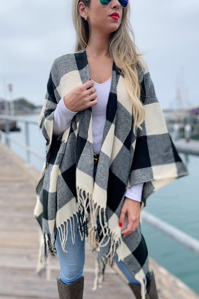 Buffalo Plaid Kimono Ruana Cardigan With Tassel