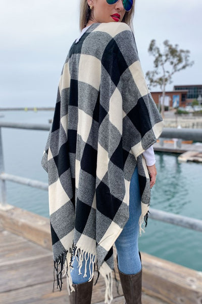 Buffalo Plaid Kimono Ruana Cardigan With Tassel