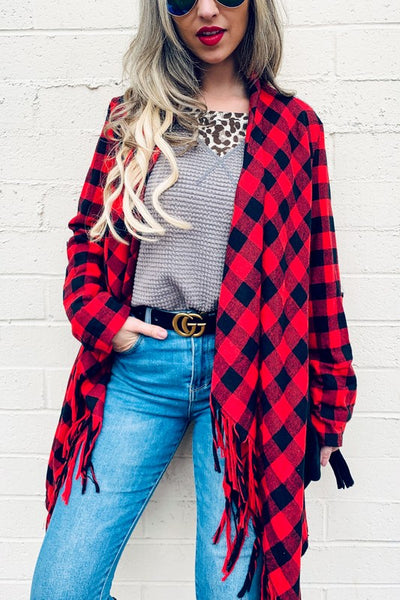 Buffalo Plaid Grey Knit Back With Tassel Jacket