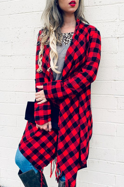 Buffalo Plaid Grey Knit Back With Tassel Jacket