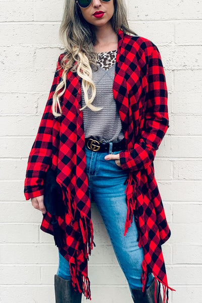 Buffalo Plaid Grey Knit Back With Tassel Jacket