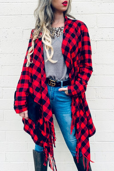 Buffalo Plaid Grey Knit Back With Tassel Jacket