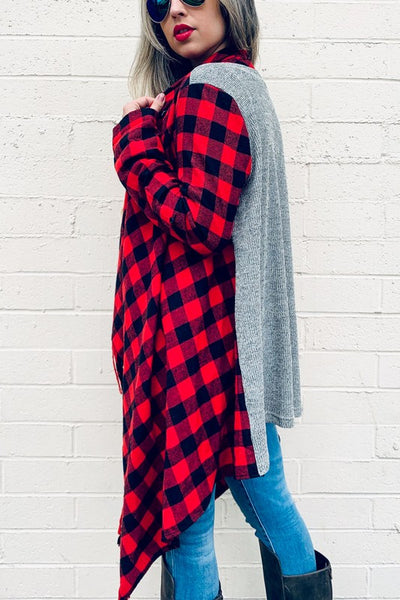 Buffalo Plaid Grey Knit Back With Tassel Jacket