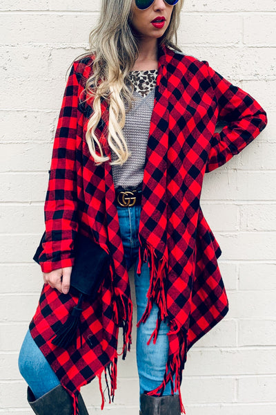 Buffalo Plaid Grey Knit Back With Tassel Jacket