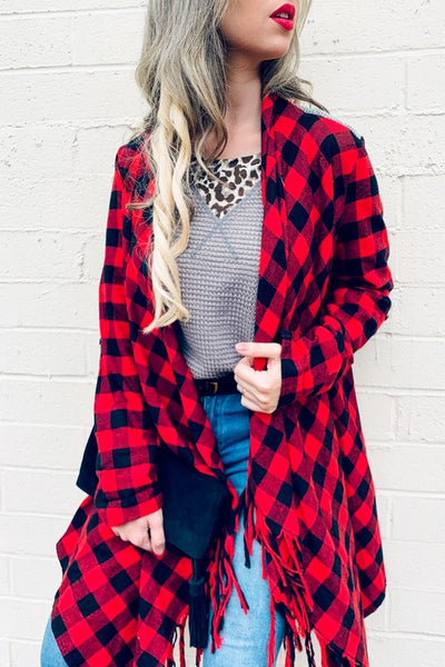 Buffalo Plaid Grey Knit Back With Tassel Jacket