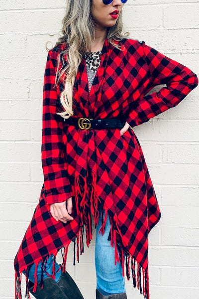 Buffalo Plaid Grey Knit Back With Tassel Jacket