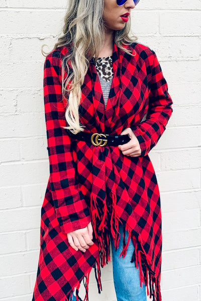 Buffalo Plaid Grey Knit Back With Tassel Jacket